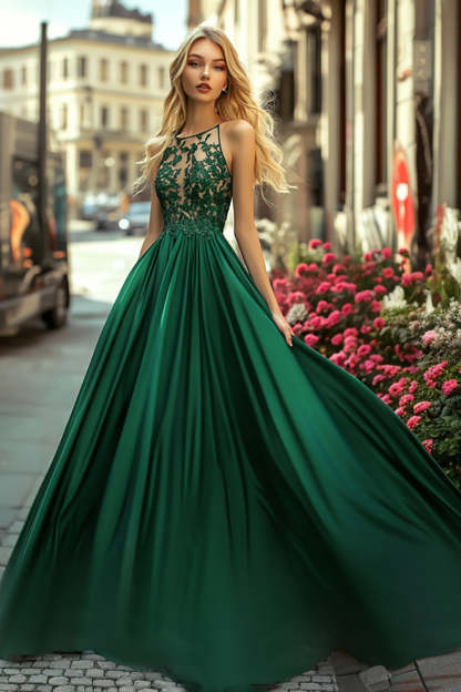 Leely Women Dark Green Halter A Line Long Satin Long Prom Dress with Appliques Spaghetti Straps Pleated Formal Dress