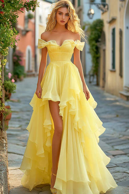 Leely Women Yellow A Line Tiered High Low Prom Dress with Ruffles Off the Shoulder Long Formal Dress