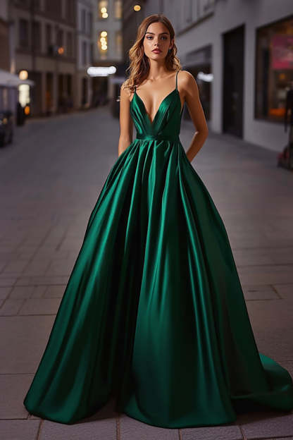 Leely Women Dark Green A Line Satin Long Prom Dress Spaghetti Straps Deep V-Neck Floor Length Formal Dress