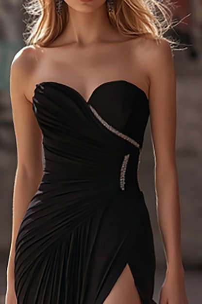 Black Sheath Sweetheart Ruched Chiffon Prom Dress with Slit