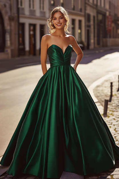Leely Women Dark Green Ball Gown Sweetheart A Line Long Prom Dress Strapless Pleated Satin Floor Length Formal Dress