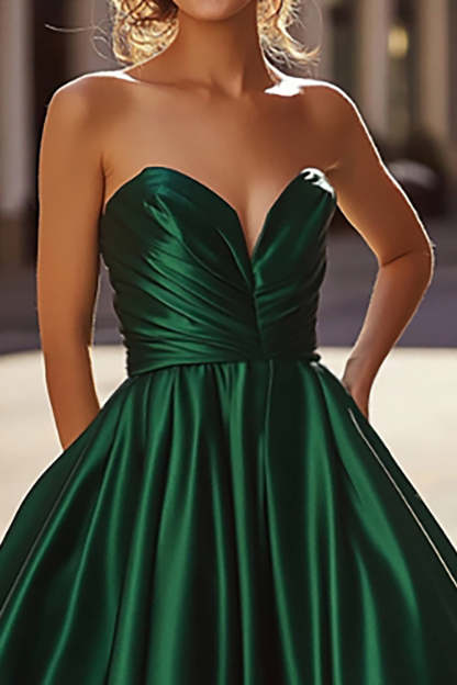 Dark Green Strapless Sweetheart A Line Long Satin Prom Dress