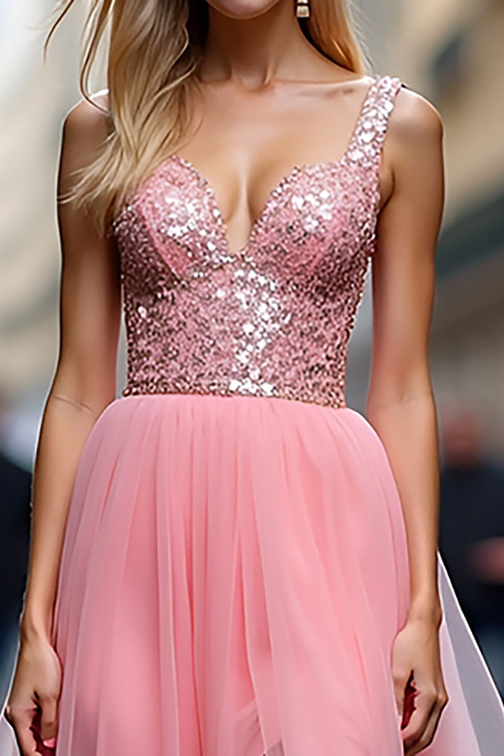 Sparkly Pink V-Neck A Line Corset Sequined Prom Dress with Slit