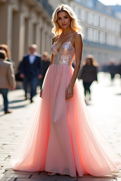 Leely Women Sparkly Pink V-Neck A Line Prom Dress Sequined Spaghetti Straps Tulle Long Formal Dress