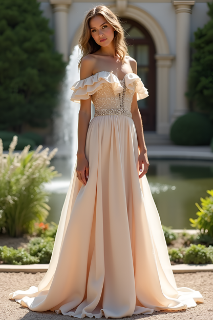 Leely Women Champagne Chiffon Bridesmaid Dress with Ruffles Off The Shoulder Long Prom Dress with Beading