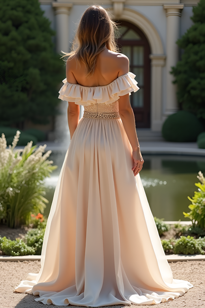 Champagne Off The Shoulder Chiffon Bridesmaid Dress with Ruffle