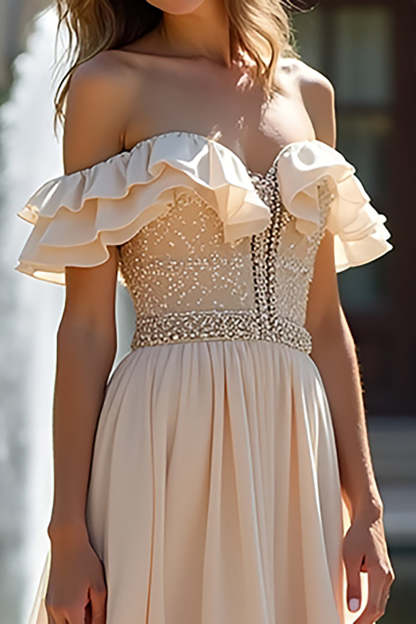 Champagne Off The Shoulder Chiffon Bridesmaid Dress with Ruffle