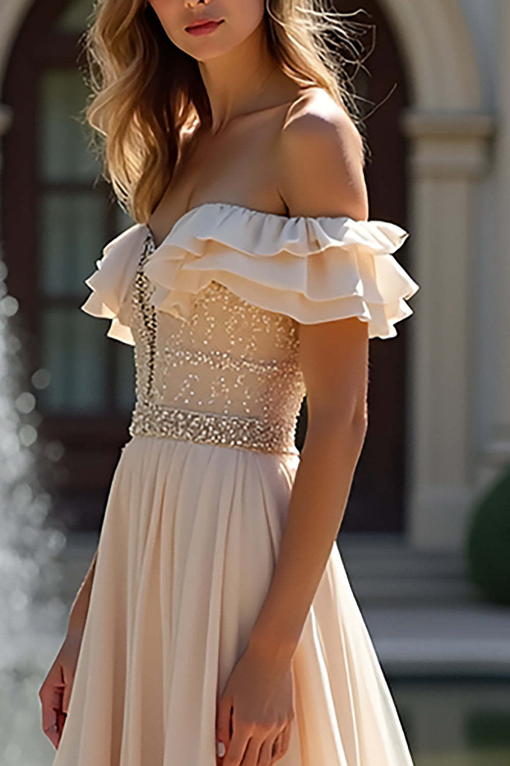 Champagne Off The Shoulder Chiffon Bridesmaid Dress with Ruffle