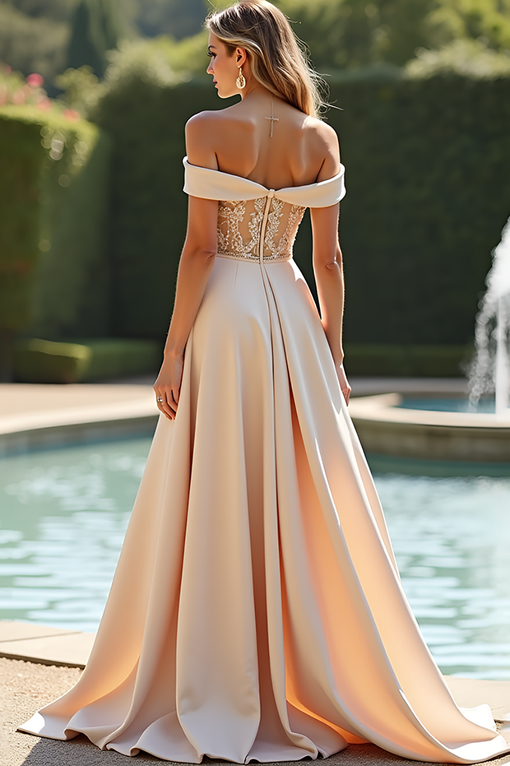 Champagne Off the Shoulder A Line Long Beaded Bridesmaid Dress