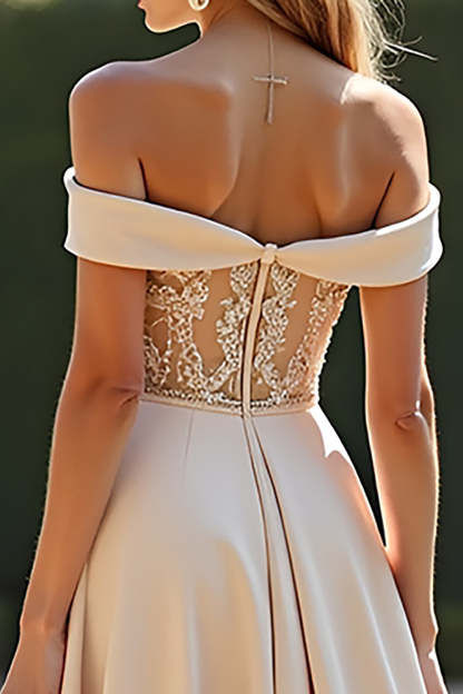 Champagne Off the Shoulder A Line Long Beaded Bridesmaid Dress