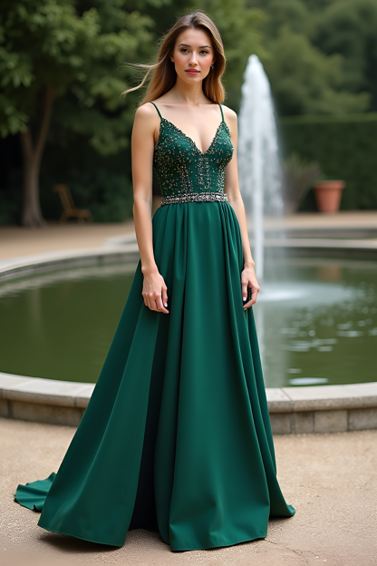 Leely Women Glitter Dark Green A Line Bridesmaid Dress with Beading V-Neck Spaghetti Straps Backless Long Prom Dress