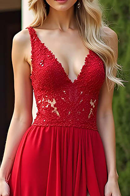 Red Chiffon A Line V Neck Lace Appliqued Bridesmaid Dress with Slit