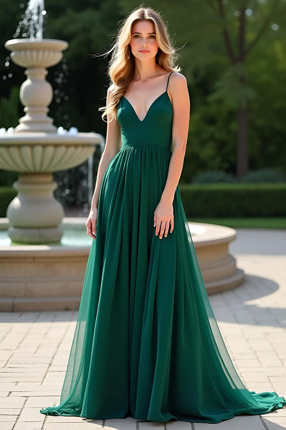 Leely Women Dark Green A Line Pleated Bridesmaid Dress with Slit V-Neck Spaghetti Straps Floor Length Formal Dress