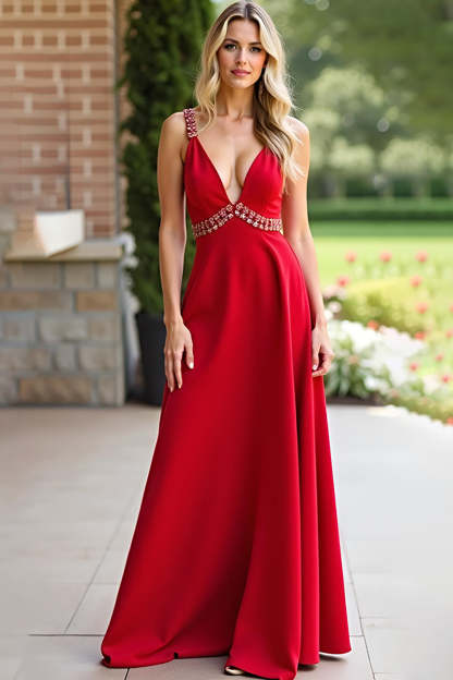 Leely Women Red A Line Beaded Chiffon Bridesmaid Dress V-Neck Spaghetti Straps Maxi Wedding Guest Dress