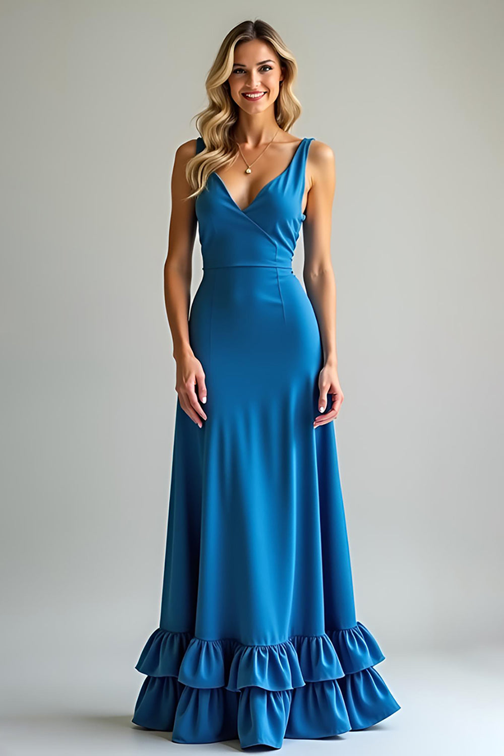 Leely Women Blue Satin A Line Ruffled Bridesmaid Dress V Neck Satin Long Wedding Guest Dress