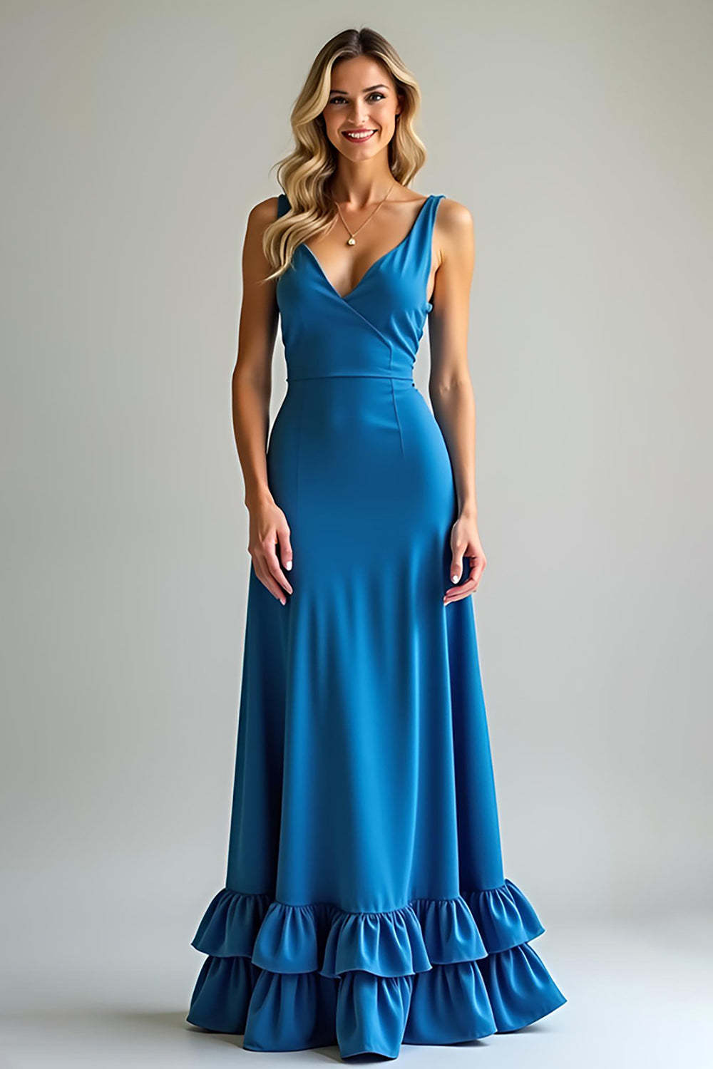 Leely Women Blue Satin A Line Ruffled Bridesmaid Dress V Neck Satin Long Wedding Guest Dress