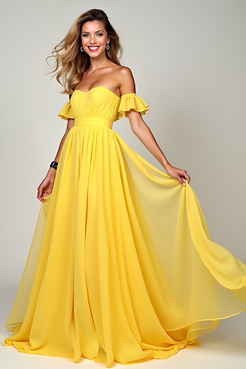 Yellow A Line Off the Shoulder Sweetheart Chiffon Bridesmaid Dress