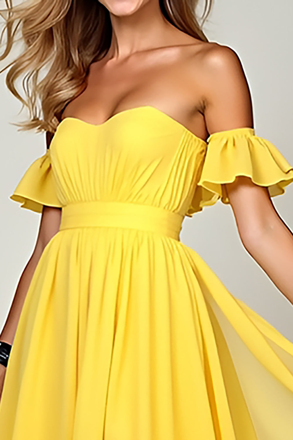 Yellow A Line Off the Shoulder Sweetheart Chiffon Bridesmaid Dress
