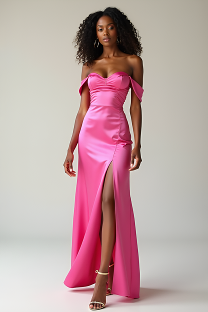 Leely Women Sheath Fuchsia Sweetheart Satin Prom Dress with Slit Off the Shoulder Long Formal Dress