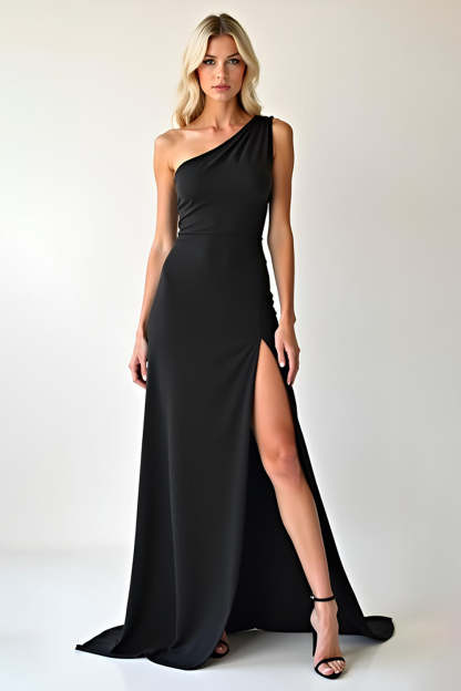 Leely Women Elegant Black One Shoulder Sheath Black Tie Dress with Slit Long Formal Dress