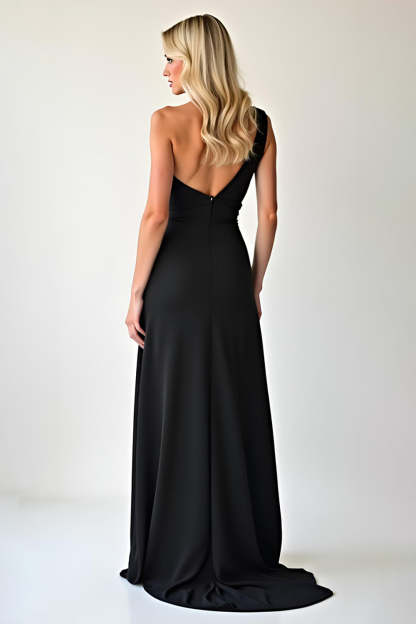 Simple Black One Shoulder Sheath Long Black Tie Dress with Slit