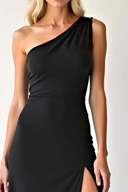 Simple Black One Shoulder Sheath Long Black Tie Dress with Slit