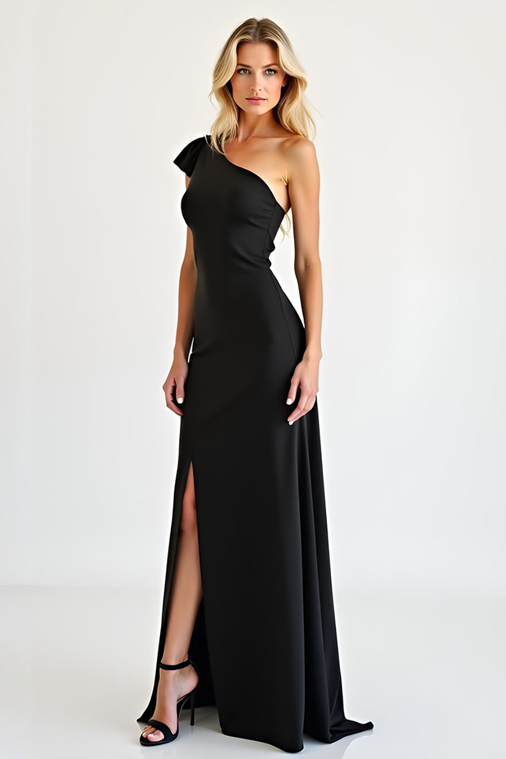 Leely Women One Shoulder Black Sheath Black Tie Dress with Slit Ruffled Long Formal Dress