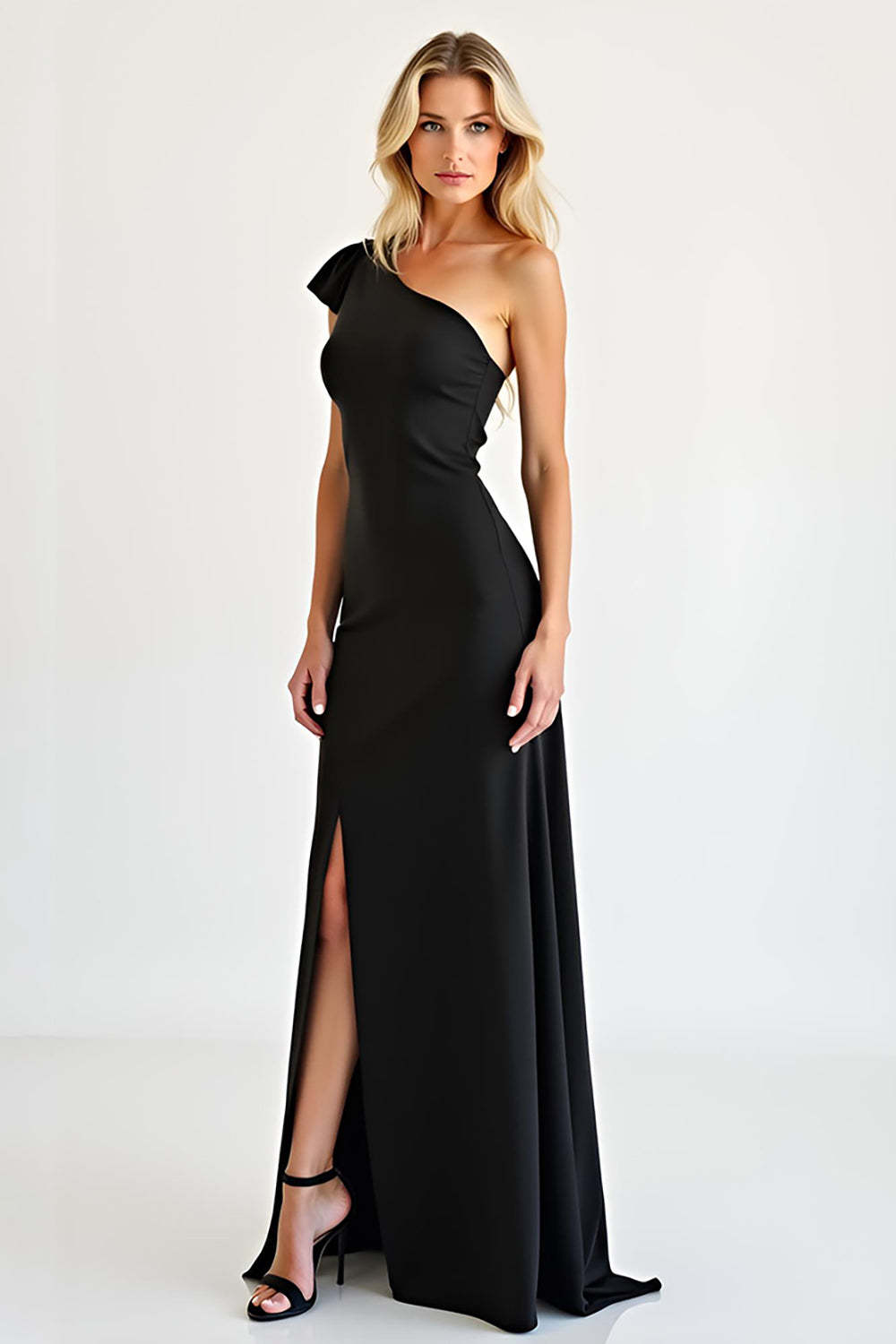 Leely Women One Shoulder Black Sheath Black Tie Dress with Slit Ruffled Long Formal Dress