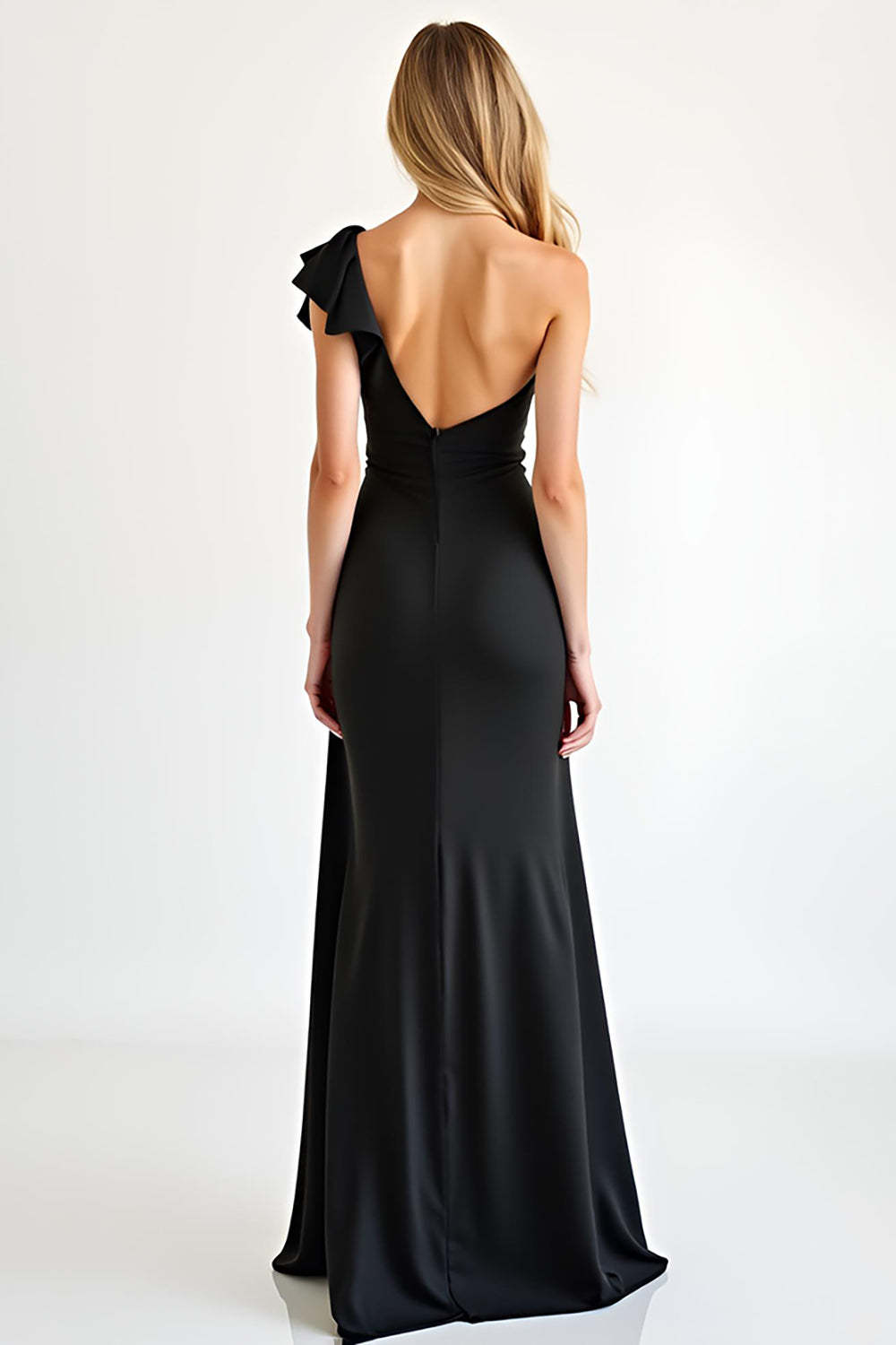 One Shoulder Black Sheath Ruffled Long Black Tie Dress with Slit