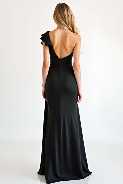 One Shoulder Black Sheath Ruffled Long Black Tie Dress with Slit