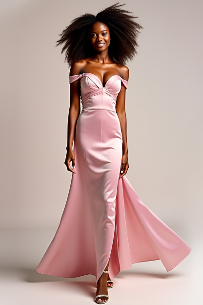 Leely Women Sheath Pink Satin Prom Dress with Slit Off the Shoulder Sweetheart Long Formal Dress