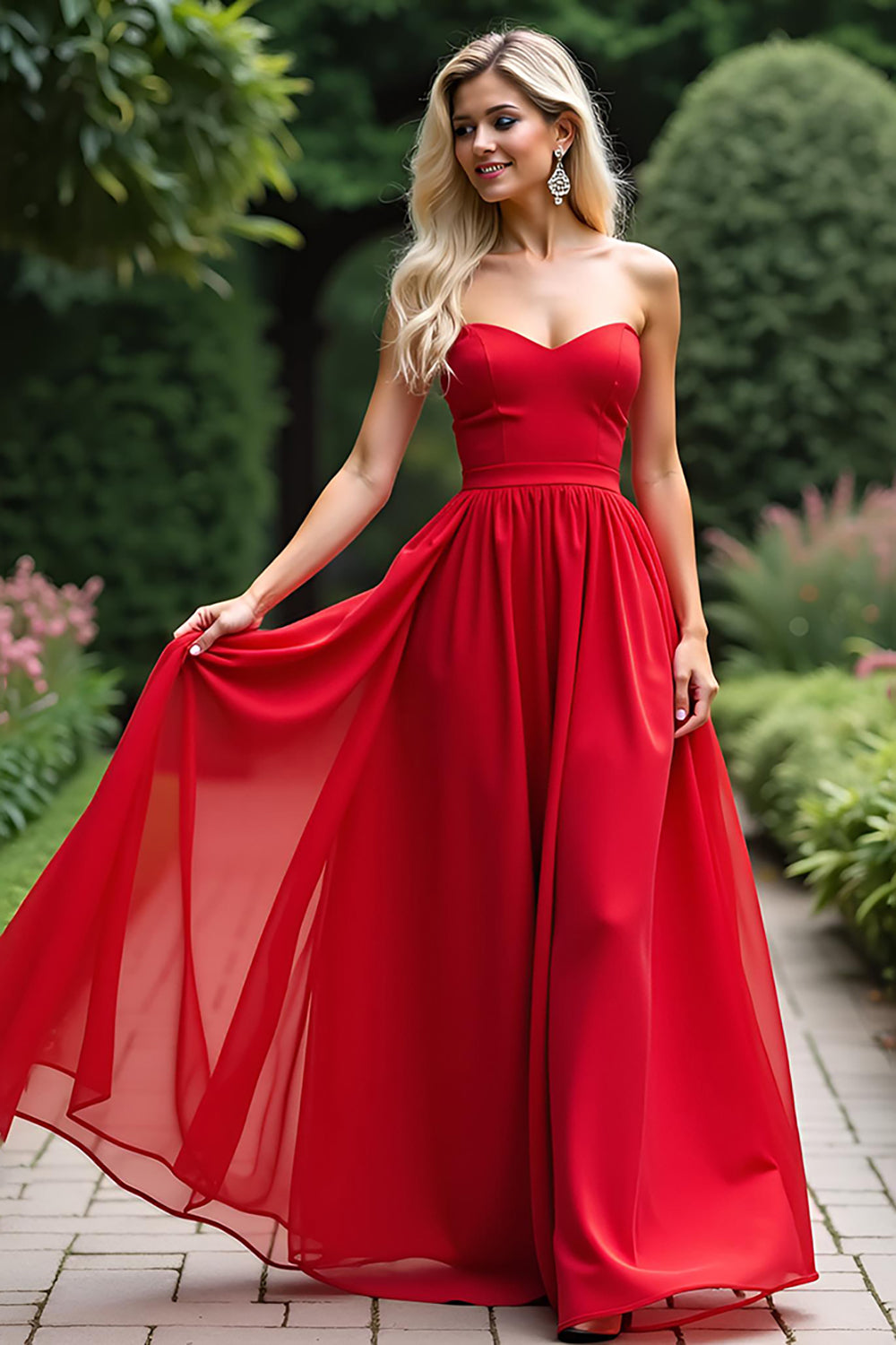 Leely Women A Line Sweetheart Red Prom Dress Strapless Long Formal Dress