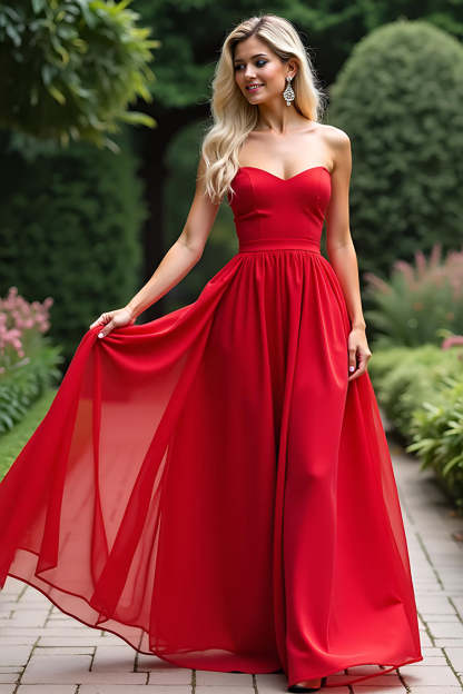 Leely Women A Line Sweetheart Red Prom Dress Strapless Long Formal Dress