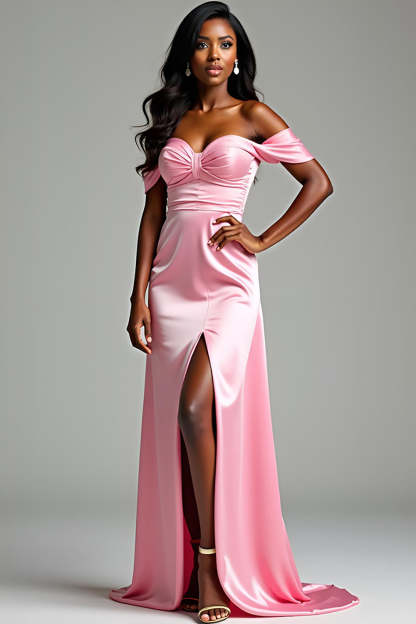 Leely Women Pink Sheath Corset Prom Dress with Slit Off the Shoulder Satin Sweetheart Long Formal Dress