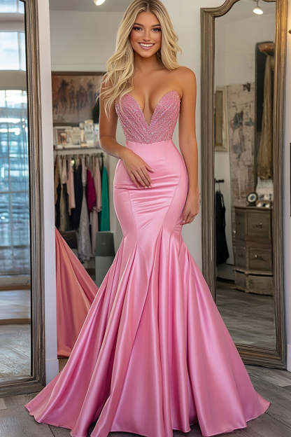 Leely Women Mermaid Beaded Pink Satin Prom Dress Deep V-Neck Strapless Backless Long Formal Dress