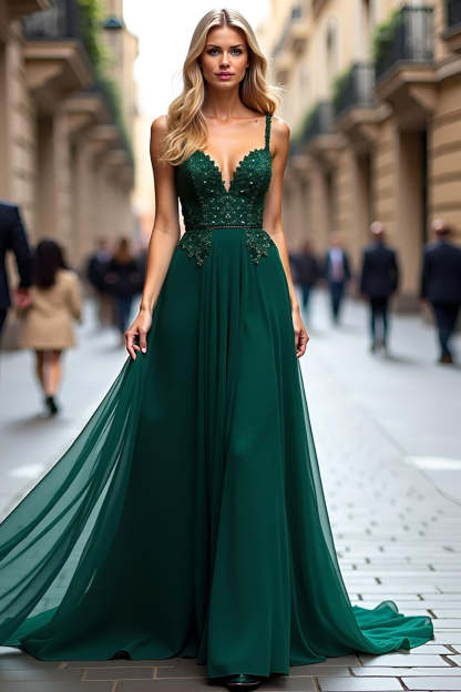 Leely Women Dark Green A Line Prom Dress Spaghetti Straps Appliques V-Neck Tulle Long Formal Dress