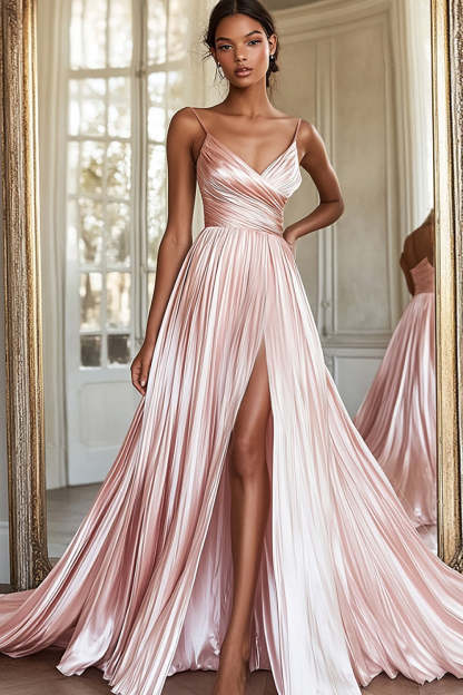 Leely Women Pink A Line Satin Pleated Prom Dress with Slit Spaghetti Straps V-Neck Long Formal Dress
