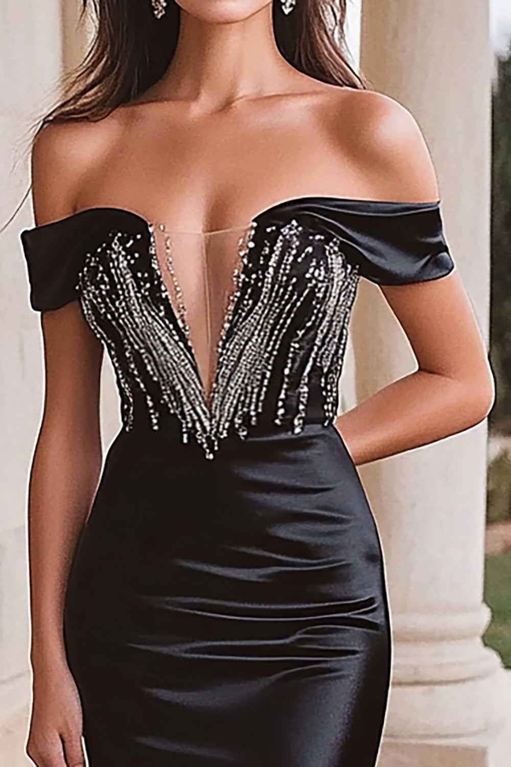 Sparkly Black Beaded Off the Shoulder Satin Mermaid Prom Dress with Slit