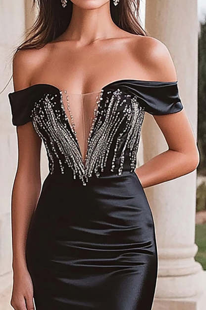 Sparkly Black Beaded Off the Shoulder Satin Mermaid Prom Dress with Slit