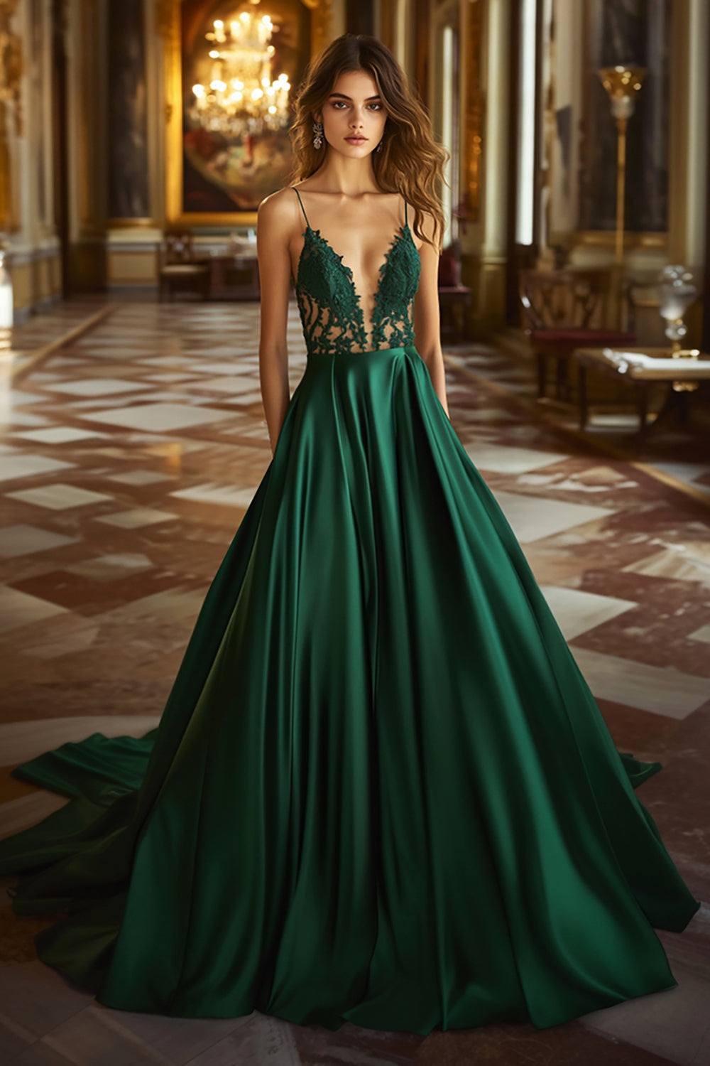 Leely Women A Line Dark Green Aqqplique Prom Dress Spaghetti Straps V-Neck Long Formal Dress