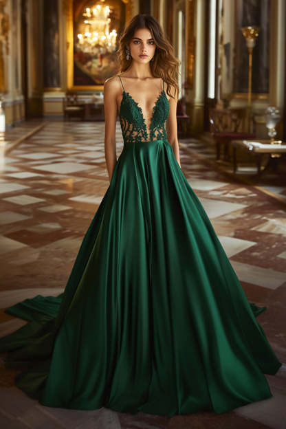 Leely Women A Line Dark Green Aqqplique Prom Dress Spaghetti Straps V-Neck Long Formal Dress