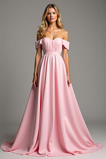 Leely Women A Line Pink Corset Bridesmaid Dress Off the Shoulder Sweetheart Long Wedding Guest Dress