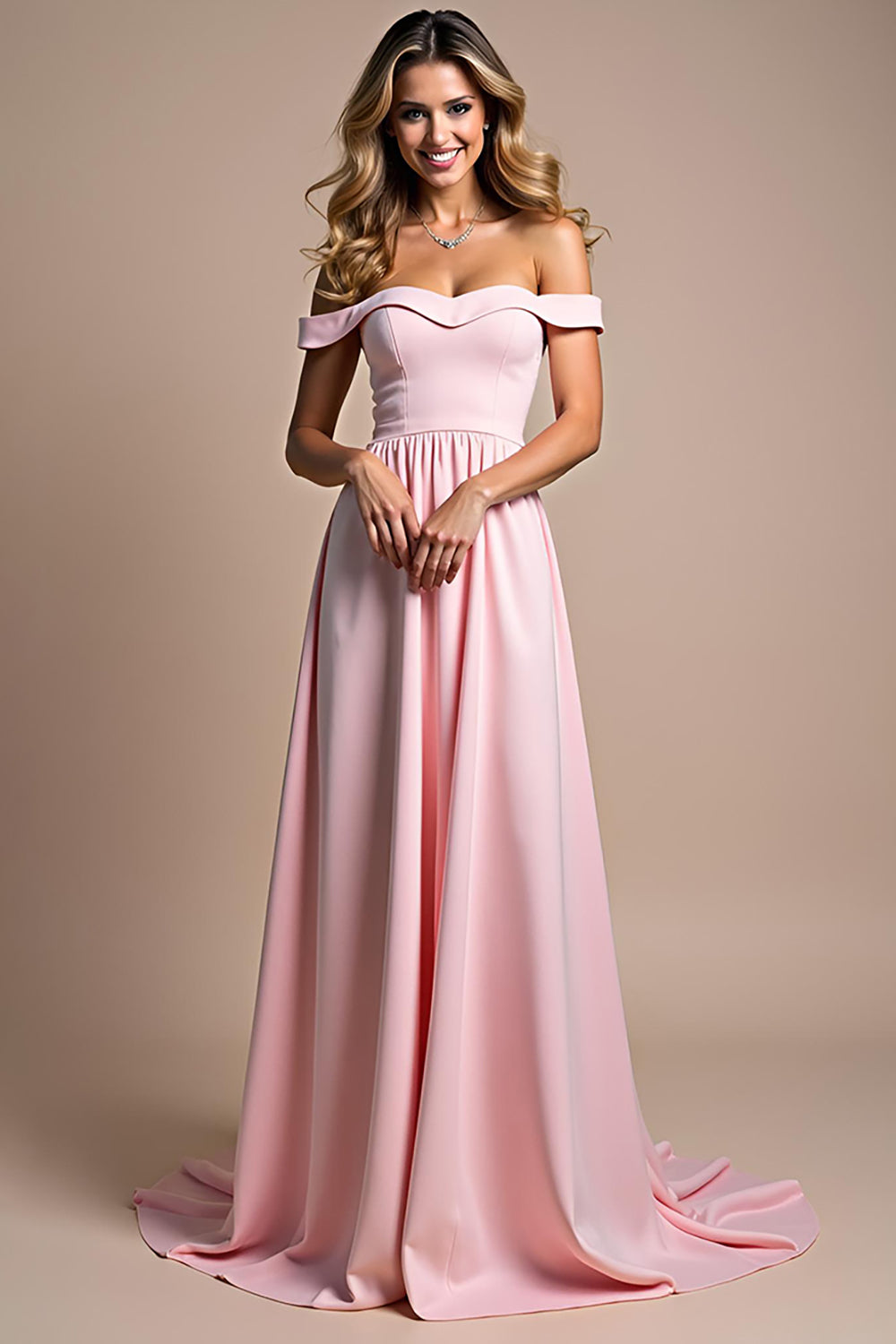 Leely Women A Line Sweetheart Pink Ruched Bridesmaid Dress Off the Shoulder Floor Length Wedding Guest Dress