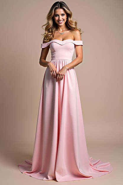 Leely Women A Line Sweetheart Pink Ruched Bridesmaid Dress Off the Shoulder Floor Length Wedding Guest Dress