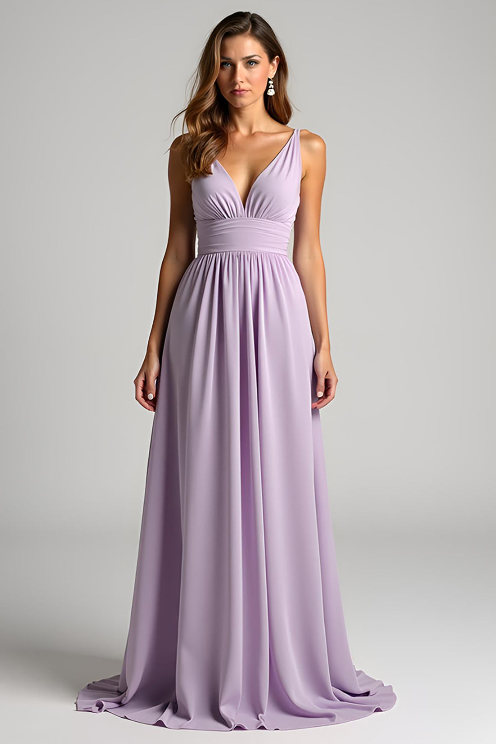 Leely Women A Line Lilac Bridesmaid Dress with Bow V-Neck Long Wedding Guest Dress