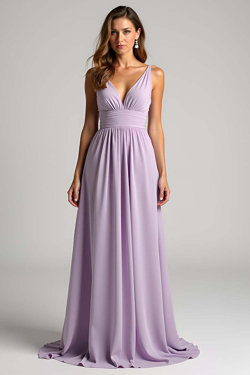 Leely Women A Line Lilac Bridesmaid Dress with Bow V-Neck Long Wedding Guest Dress