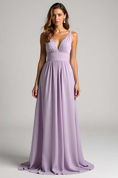 Leely Women A Line Lilac Bridesmaid Dress with Bow V-Neck Long Wedding Guest Dress