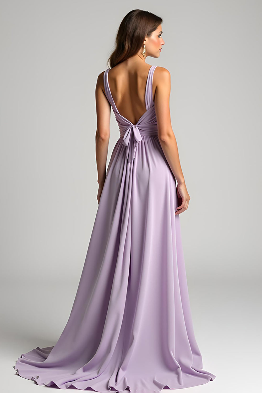 A Line Lilac V Neck Floor Length Bridesmaid Dress with Bow