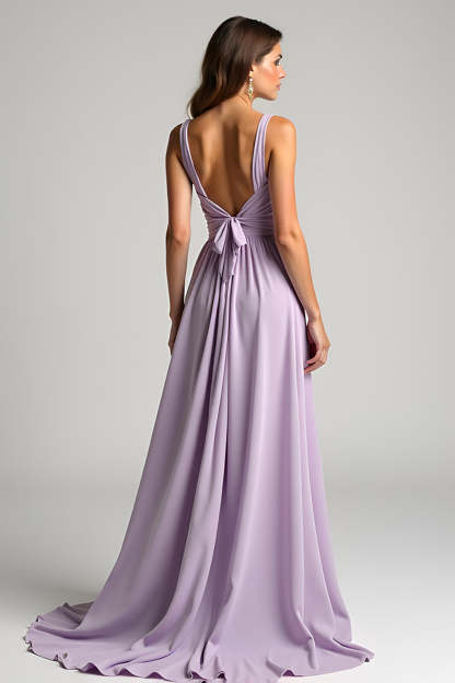 A Line Lilac V Neck Floor Length Bridesmaid Dress with Bow