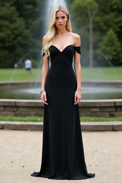 Leely Women Elegant Black Sheath Bridesmaid Dress Off the Shoulder Sweetheart Long Wedding Guest Dress
